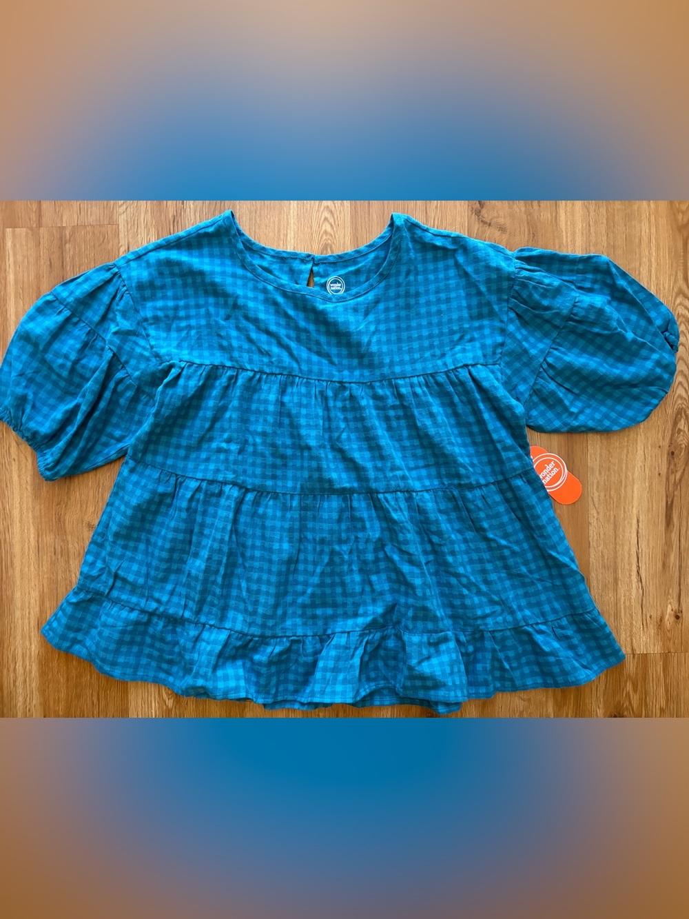 Wonder nation teal check tiered girls blouse